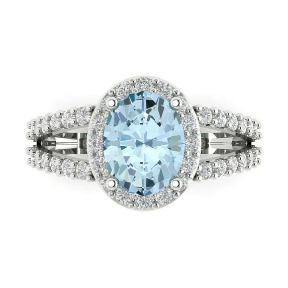 Clara Pucci 14K White Gold Solid Gold Aquamarine Solitaire with Accents Anniversary Ring for Women - 2.6 cttw Oval Cut