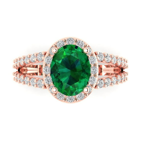 Clara Pucci 14K Rose Gold Solid Gold Emerald Solitaire with Accents Anniversary Ring for Women - 2.6 cttw Oval Cut