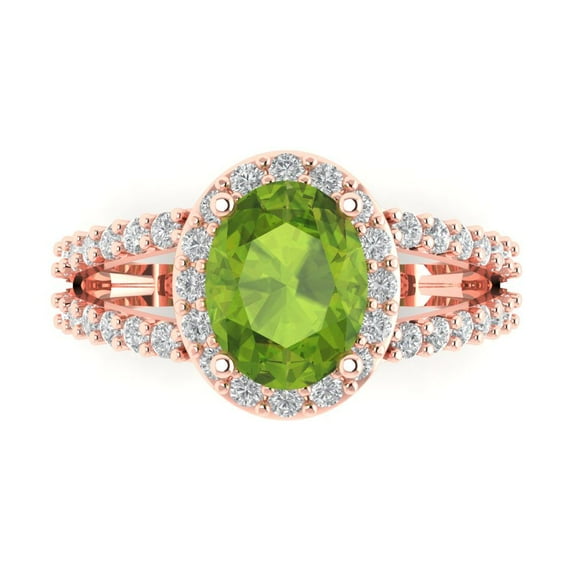 Clara Pucci 14K Rose Gold Solid Gold Peridot Solitaire with Accents Anniversary Ring for Women - 2.6 cttw Oval Cut