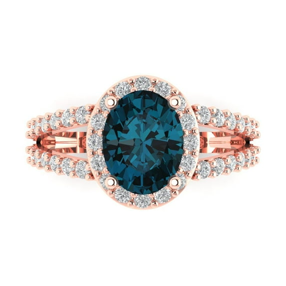 Clara Pucci 14K Rose Gold Solid Gold LondonBlueTopaz Solitaire with Accents Anniversary Ring for Women - 2.6 cttw Oval Cut