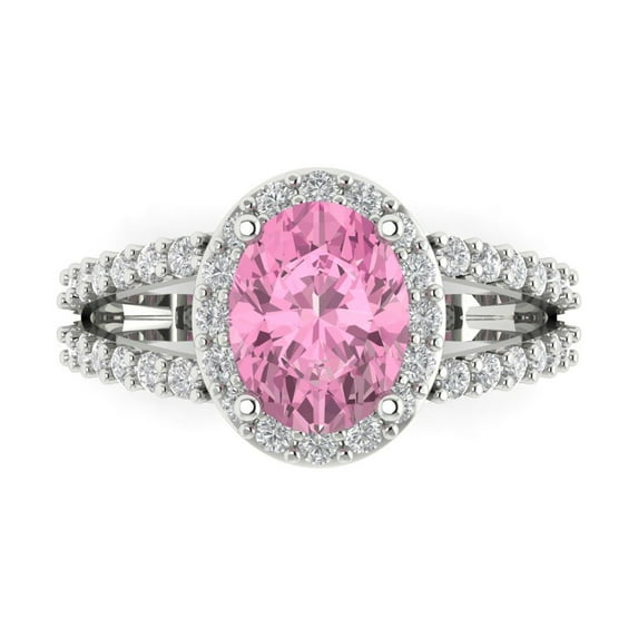 Clara Pucci 14K White Gold Solid Gold Pink Solitaire with Accents Anniversary Ring for Women - 2.6 cttw Oval Cut