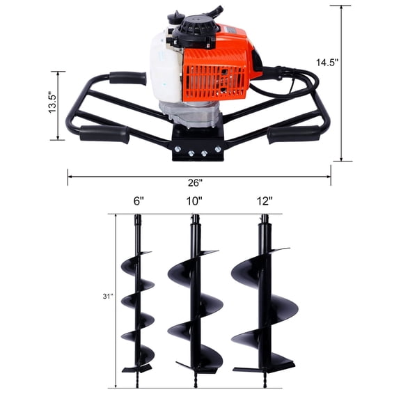 2.7HP Gas Powered Post Hole Digger 63cc 2-Stroke Auger with 6+10+12 Bits, Steel Digging Drill for Fence Posts and Tree Planting, Black