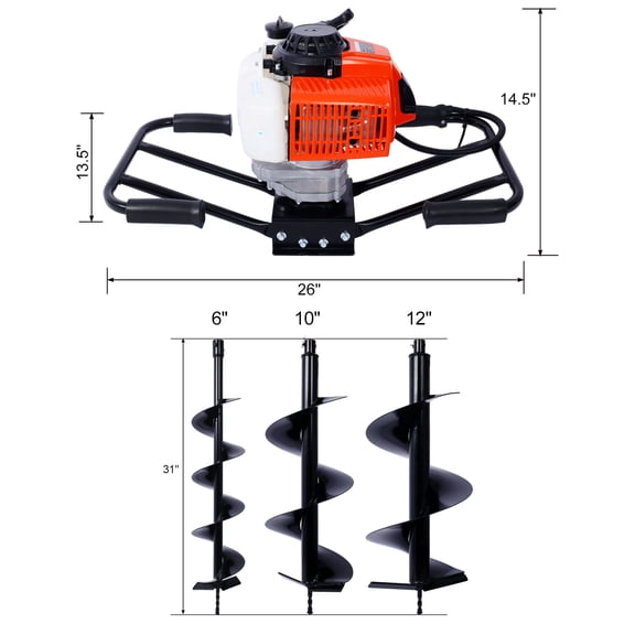 2.7HP Post Hole Digger 63cc two person handle Gas-Powered 2-Stroke Auger Digging Drill Shaft Size 3/4" (Machine Only)EPA COMPLAINT With L6"+L10"+L12" DRILL BITS,