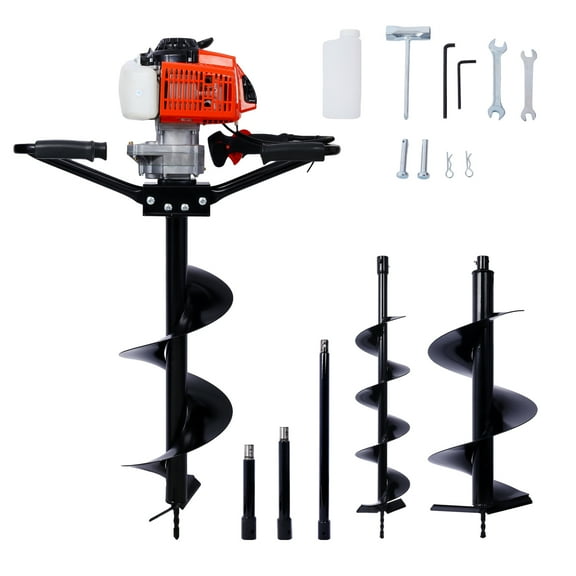 2.7HP Post Hole Digger 63cc two person handle Gas-Powered 2-Stroke Auger Digging Drill Shaft Size 3/4" (Machine Only) With L6"+L10"+L12" DRILL BITS+EXT ROD KITS