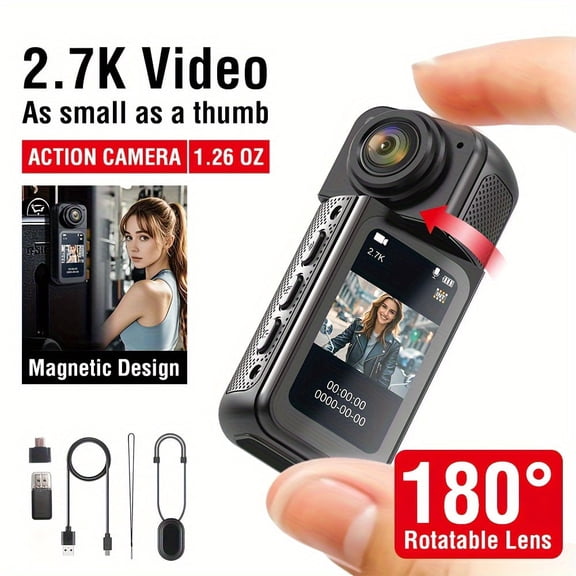 2.7K Finger Action Camcorder - 1.47" IPS Screen & 180° Rotatable Lens, Magnetic Strap Wearable, Lightweight Compact for Travel Sports/Adventure, Ideal for Vloggers & Content Creators