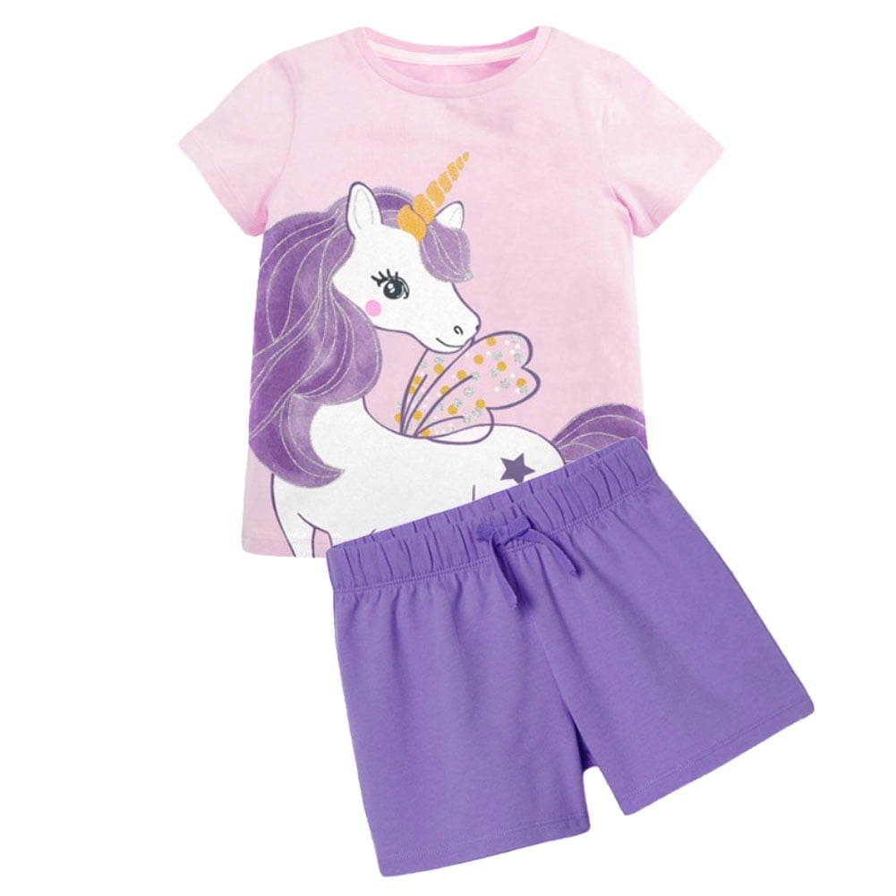 Baby Girl Cartoon Print O-Neck T-Shirt Combo Ruffle Shorts Sets In Summer