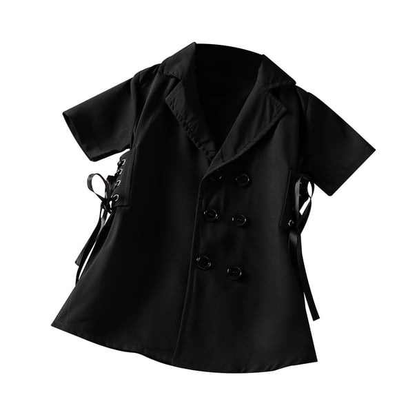 2-7Y Kids Girls Summer Dress Jacket Solid Color Short Sleeve Lapel Buttons Bandage Waist Blazer Dress Fashion Baby Clothes