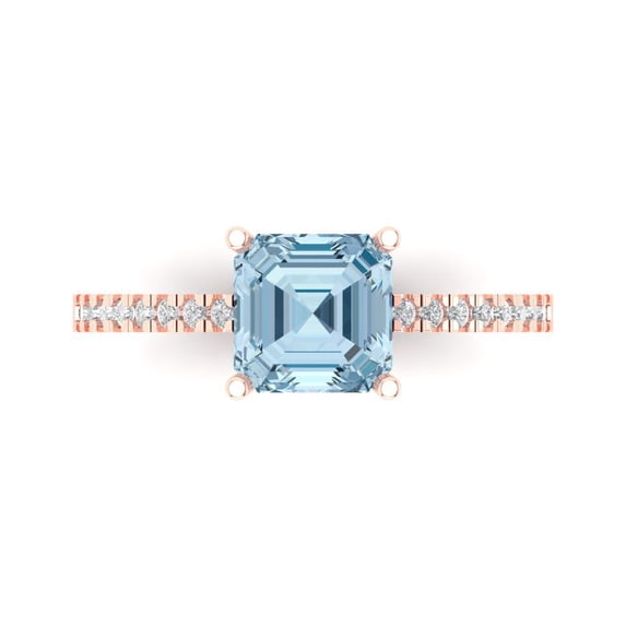 2.7ct Asscher Cut Blue Crystal 14k Pink Rose Gold Engraving Statement Bridal Wedding Designer Ring Size 4.5