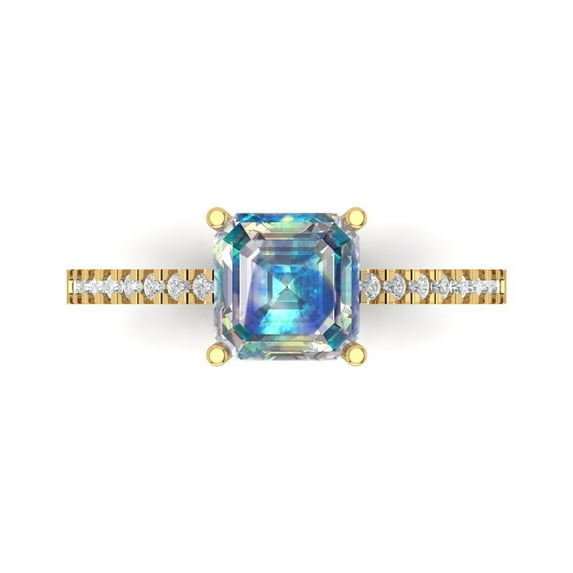 2.7ct Asscher Cut Blue Moissanite 18k Yellow Gold Engraving Statement Bridal Wedding Designer Ring Size 8