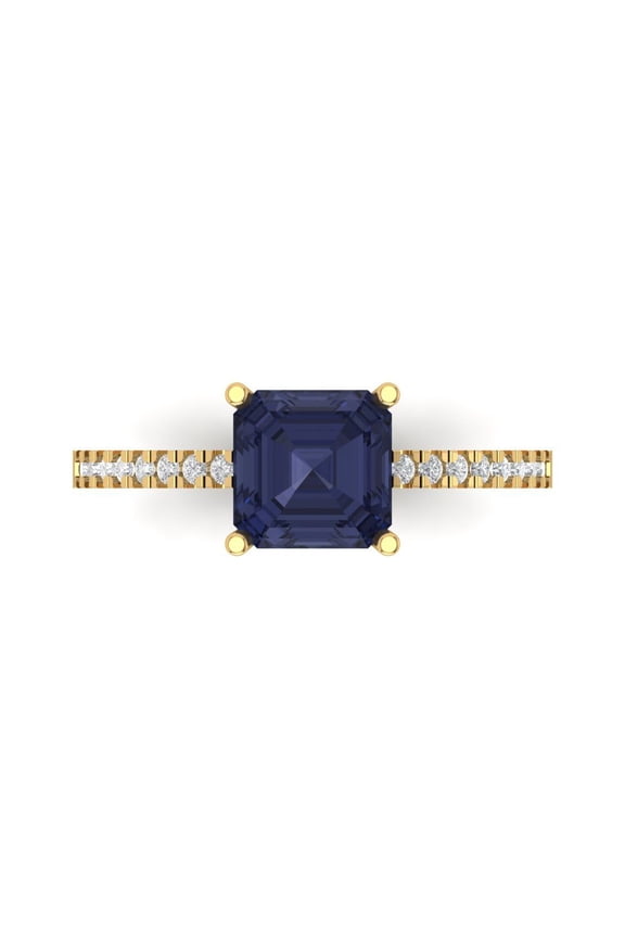 2.7ct Asscher Cut Blue Sapphire 14k Yellow Gold Engraving Statement Bridal Wedding Designer Ring Size 5