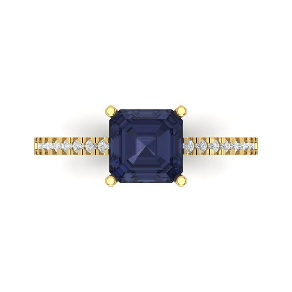 2.7ct Asscher Cut Blue Sapphire 14k Yellow Gold Engraving Statement Bridal Wedding Designer Ring Size 7