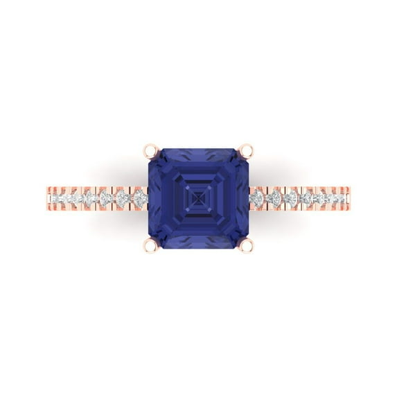 2.7ct Asscher Cut Blue Tanzanite 18k Pink Rose Gold Engraving Statement Bridal Wedding Designer Ring Size 3.5