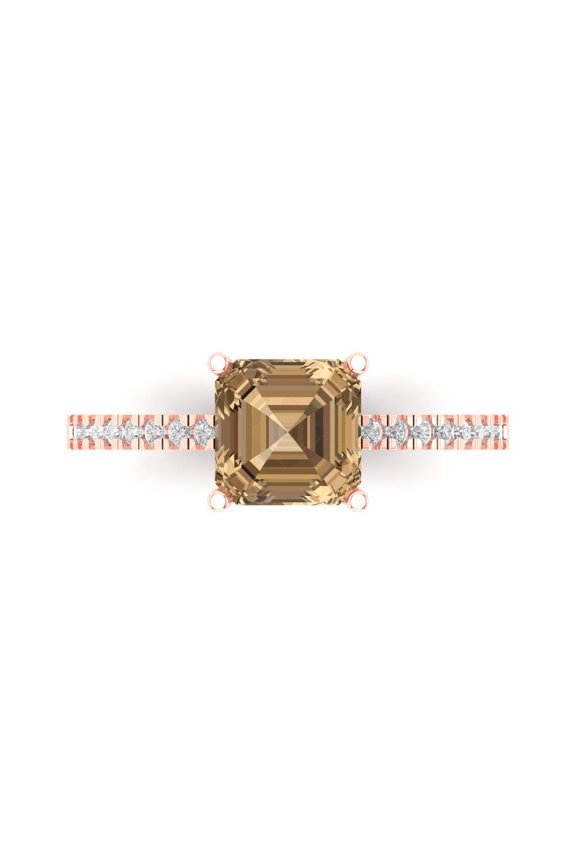 2.7ct Asscher Cut Brown Champagne Crystal 18k Pink Rose Gold Engraving Statement Bridal Wedding Designer Ring Size 4