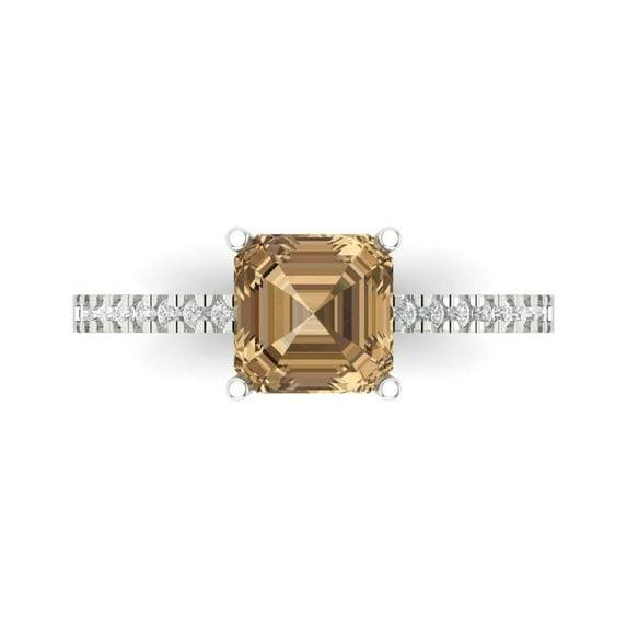2.7ct Asscher Cut Brown Champagne Crystal 18k White Gold Engraving Statement Bridal Wedding Designer Ring Size 7.5