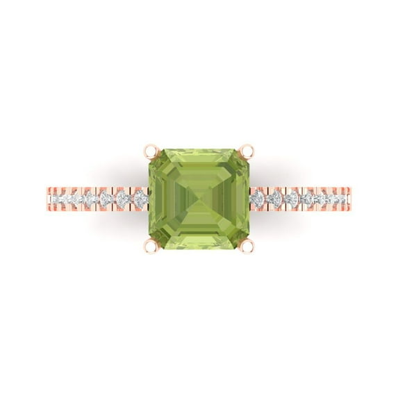 2.7ct Asscher Cut Green Natural Peridot 14k Pink Rose Gold Engraving Statement Bridal Wedding Designer Ring Size 8