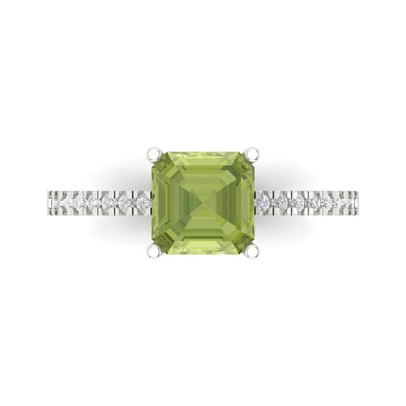 2.7ct Asscher Cut Green Natural Peridot 14k White Gold Engraving Statement Bridal Wedding Designer Ring Size 7