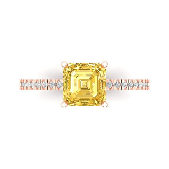 2.7ct Asscher Cut Yellow Crystal 14k Pink Rose Gold Engraving Statement Bridal Wedding Designer Ring Size 8