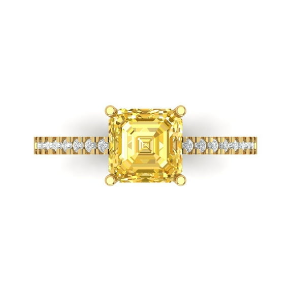 2.7ct Asscher Cut Yellow Crystal 14k Yellow Gold Engraving Statement Bridal Wedding Designer Ring Size 5