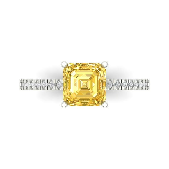 2.7ct Asscher Cut Yellow Natural Citrine 18k White Gold Engraving Statement Bridal Wedding Designer Ring Size 4