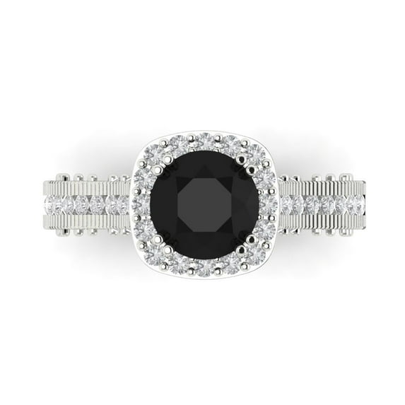 2.7ct Round Cut Black Natural Onyx 18k White Gold Engraving Statement Bridal Wedding Halo Designer Ring Size 9
