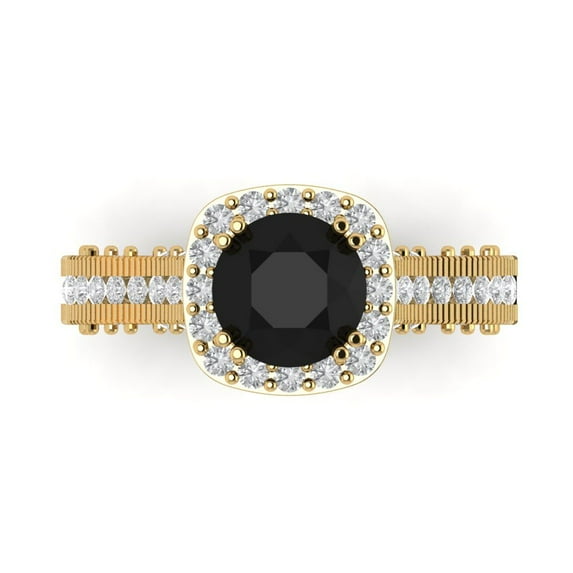 2.7ct Round Cut Black Natural Onyx 18k Yellow Gold Engraving Statement Bridal Wedding Halo Designer Ring Size 5.5