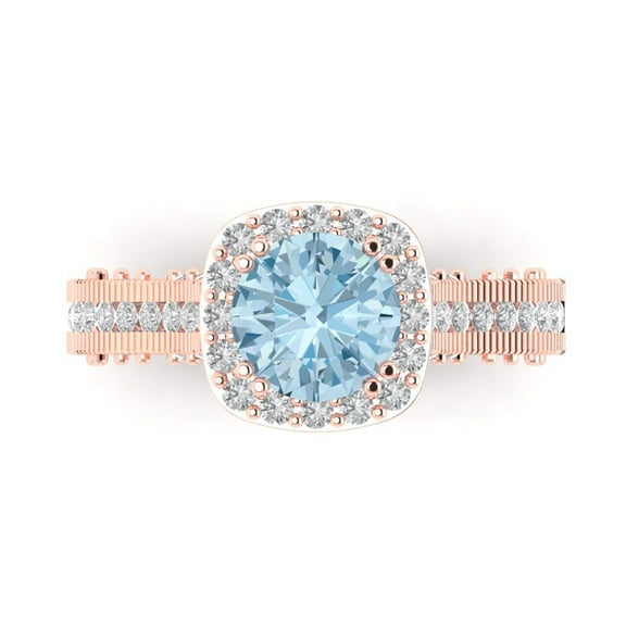 2.7ct Round Cut Blue Crystal 14k Pink Rose Gold Engraving Statement Bridal Wedding Halo Designer Ring Size 7.5