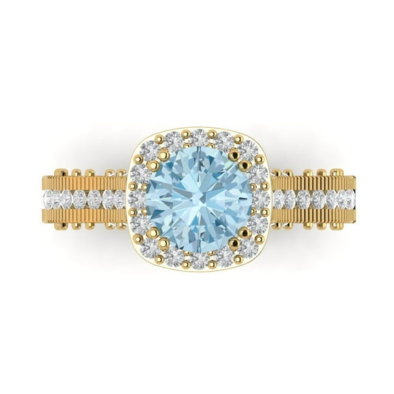 2.7ct Round Cut Blue Natural Aquamarine 18k Yellow Gold Engraving Statement Bridal Wedding Halo Designer Ring Size 9.5