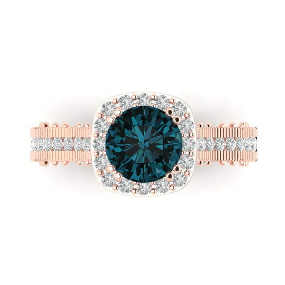 2.7ct Round Cut Blue Natural London Blue Topaz 18k Pink Rose Gold Engraving Statement Bridal Wedding Halo Designer Ring Size 11