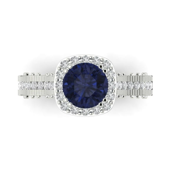 2.7ct Round Cut Blue Sapphire 18k White Gold Engraving Statement Bridal Wedding Halo Designer Ring Size 5.5