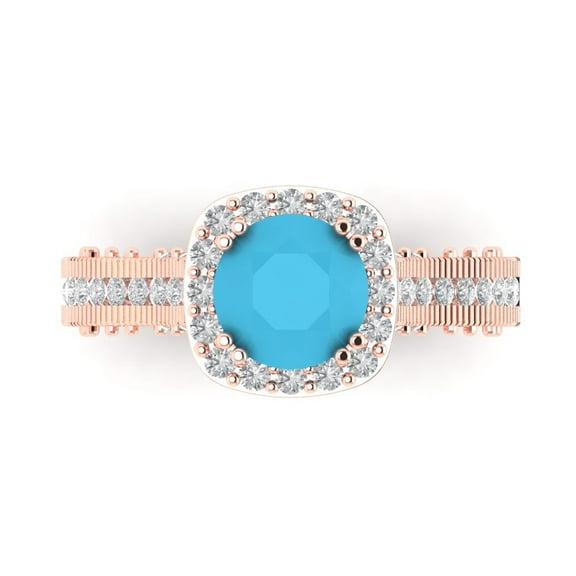 2.7ct Round Cut Blue Turquoise 14k Pink Rose Gold Engraving Statement Bridal Wedding Halo Designer Ring Size 7.5