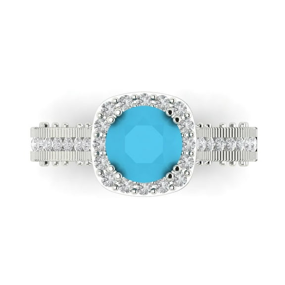 2.7ct Round Cut Blue Turquoise 14k White Gold Engraving Statement Bridal Wedding Halo Designer Ring Size 7.5