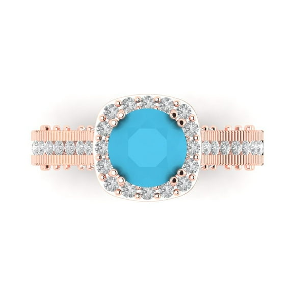 2.7ct Round Cut Blue Turquoise 18k Pink Rose Gold Engraving Statement Bridal Wedding Halo Designer Ring Size 9.5
