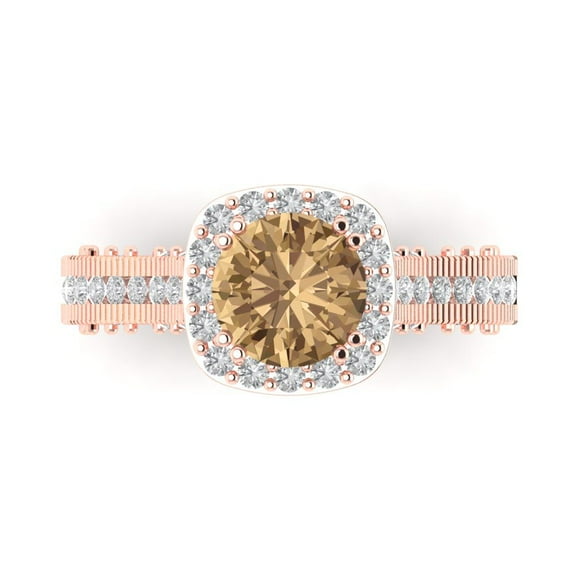 2.7ct Round Cut Brown Champagne Crystal 18k Pink Rose Gold Engraving Statement Bridal Wedding Halo Designer Ring Size 10.5