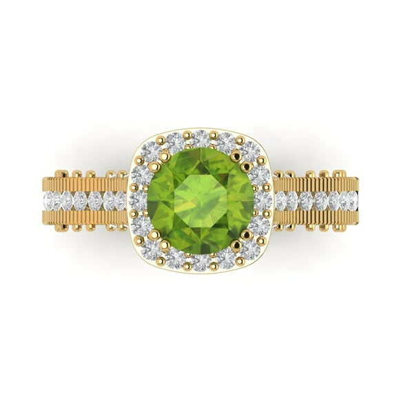 2.7ct Round Cut Green Natural Peridot 14k Yellow Gold Engraving Statement Bridal Wedding Halo Designer Ring Size 7.5