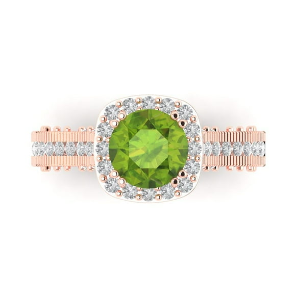2.7ct Round Cut Green Natural Peridot 18k Pink Rose Gold Engraving Statement Bridal Wedding Halo Designer Ring Size 11