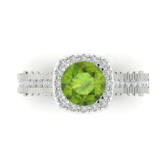 2.7ct Round Cut Green Natural Peridot 18k White Gold Engraving Statement Bridal Wedding Halo Designer Ring Size 4.5