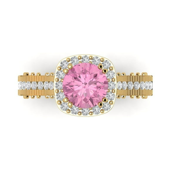 2.7ct Round Cut Pink Crystal 14k Yellow Gold Engraving Statement Bridal Wedding Halo Designer Ring Size 7.5