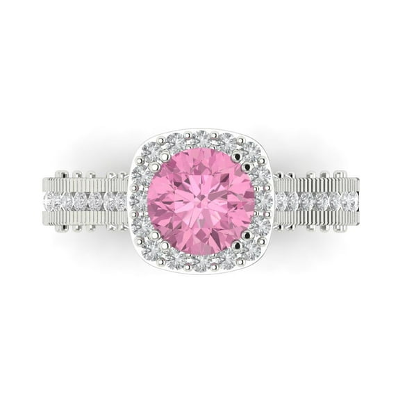 2.7ct Round Cut Pink Crystal 18k White Gold Engraving Statement Bridal Wedding Halo Designer Ring Size 9.5