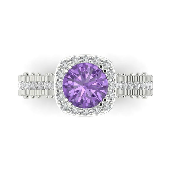 2.7ct Round Cut Purple Alexandrite 18k White Gold Engraving Statement Bridal Wedding Halo Designer Ring Size 5