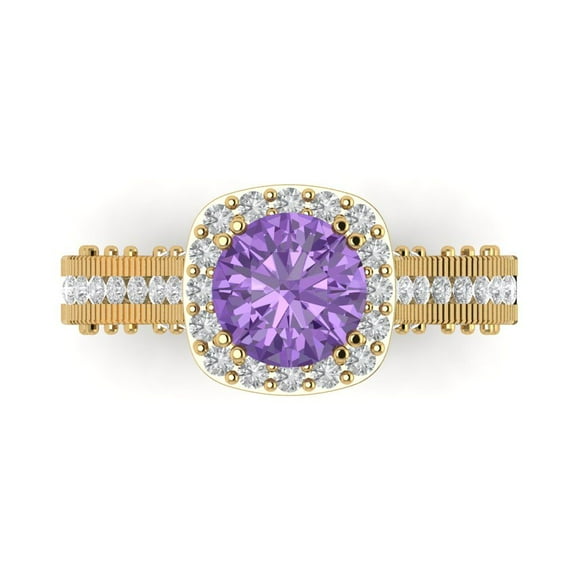 2.7ct Round Cut Purple Alexandrite 18k Yellow Gold Engraving Statement Bridal Wedding Halo Designer Ring Size 9.5