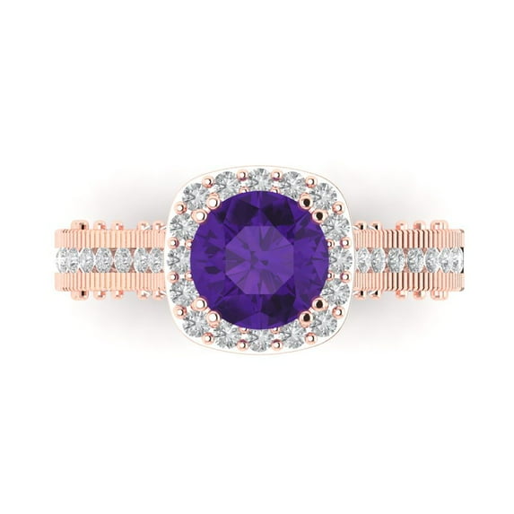 2.7ct Round Cut Purple Natural Amethyst 14k Pink Rose Gold Engraving Statement Bridal Wedding Halo Designer Ring Size 9