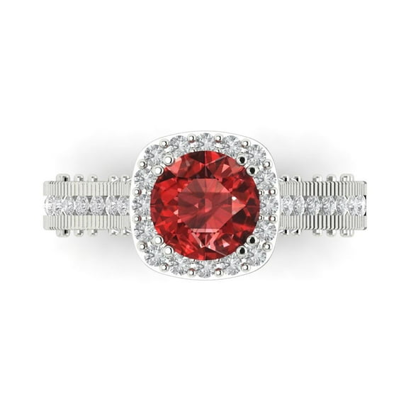 2.7ct Round Cut Red Natural Garnet 18k White Gold Engraving Statement Bridal Wedding Halo Designer Ring Size 10.5