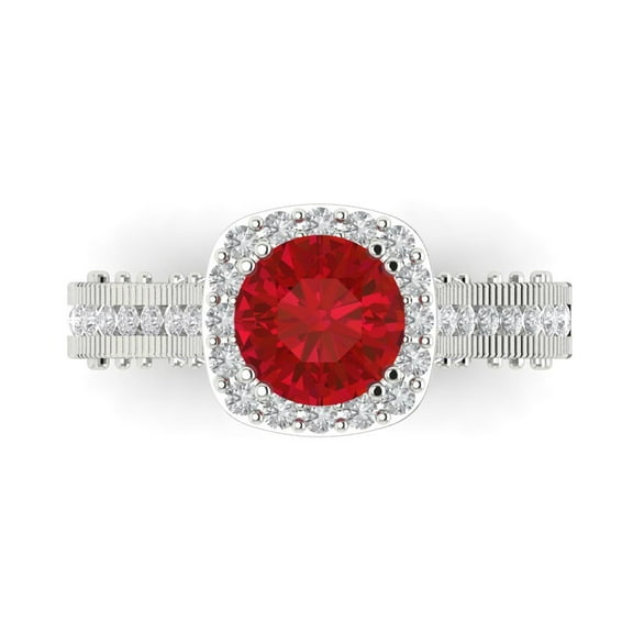 2.7ct Round Cut Red Ruby 14k White Gold Engraving Statement Bridal Wedding Halo Designer Ring Size 7.5