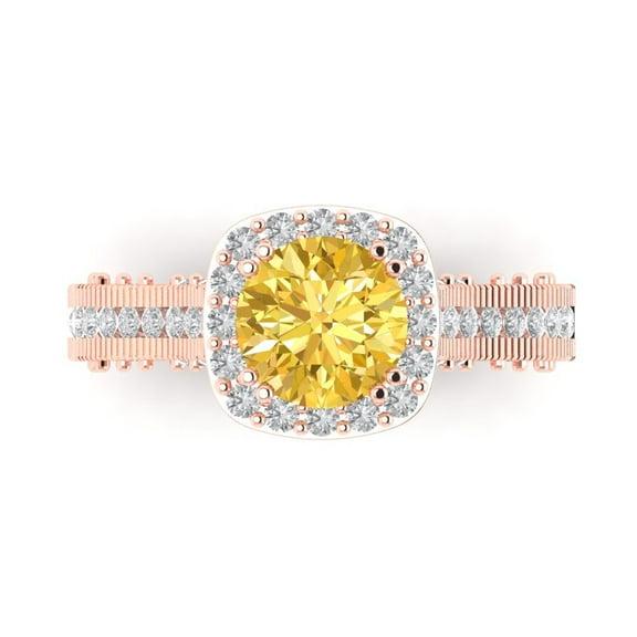 2.7ct Round Cut Yellow Crystal 14k Pink Rose Gold Engraving Statement Bridal Wedding Halo Designer Ring Size 7.5