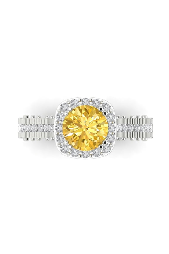 2.7ct Round Cut Yellow Crystal 14k White Gold Engraving Statement Bridal Wedding Halo Designer Ring Size 9