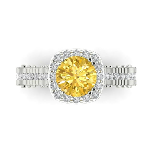 2.7ct Round Cut Yellow Natural Citrine 14k White Gold Engraving Statement Bridal Wedding Halo Designer Ring Size 7.5