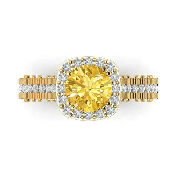 2.7ct Round Cut Yellow Natural Citrine 14k Yellow Gold Engraving Statement Bridal Wedding Halo Designer Ring Size 6.5