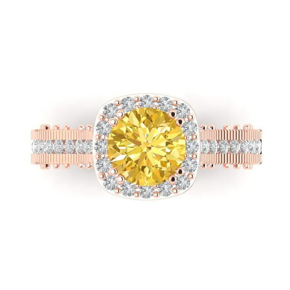 2.7ct Round Cut Yellow Natural Citrine 18k Pink Rose Gold Engraving Statement Bridal Wedding Halo Designer Ring Size 4.5