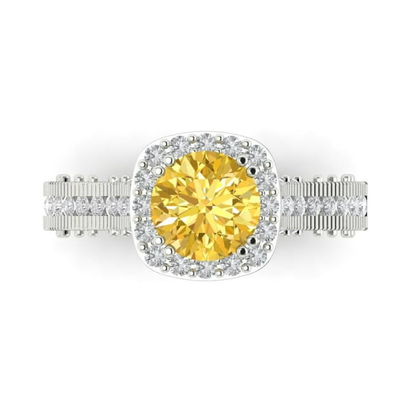 2.7ct Round Cut Yellow Natural Citrine 18k White Gold Engraving Statement Bridal Wedding Halo Designer Ring Size 10.5