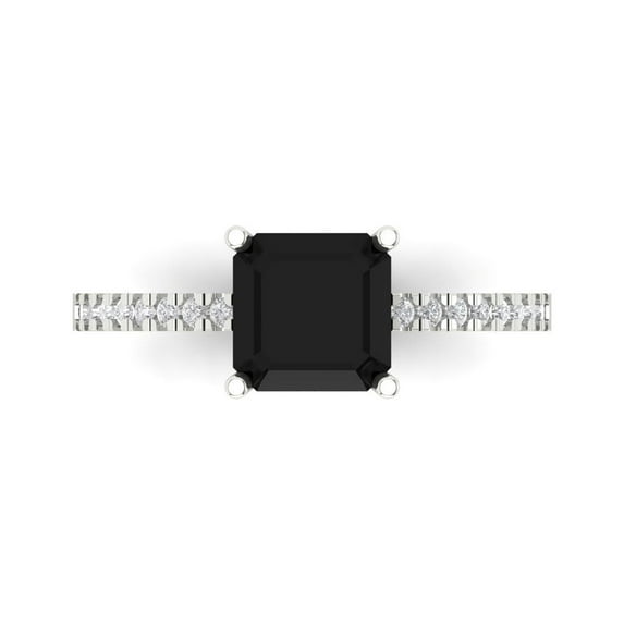 Clara Pucci 14K White Gold Solid Gold Onyx Solitaire with Accents Anniversary Ring for Women - 2.7 cttw Asscher Cut